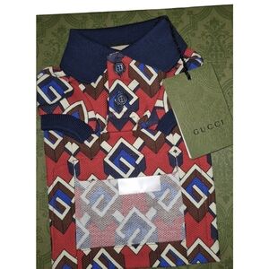 Gucci Red Blue Brown Geometric Dog Polo Shirt EUC